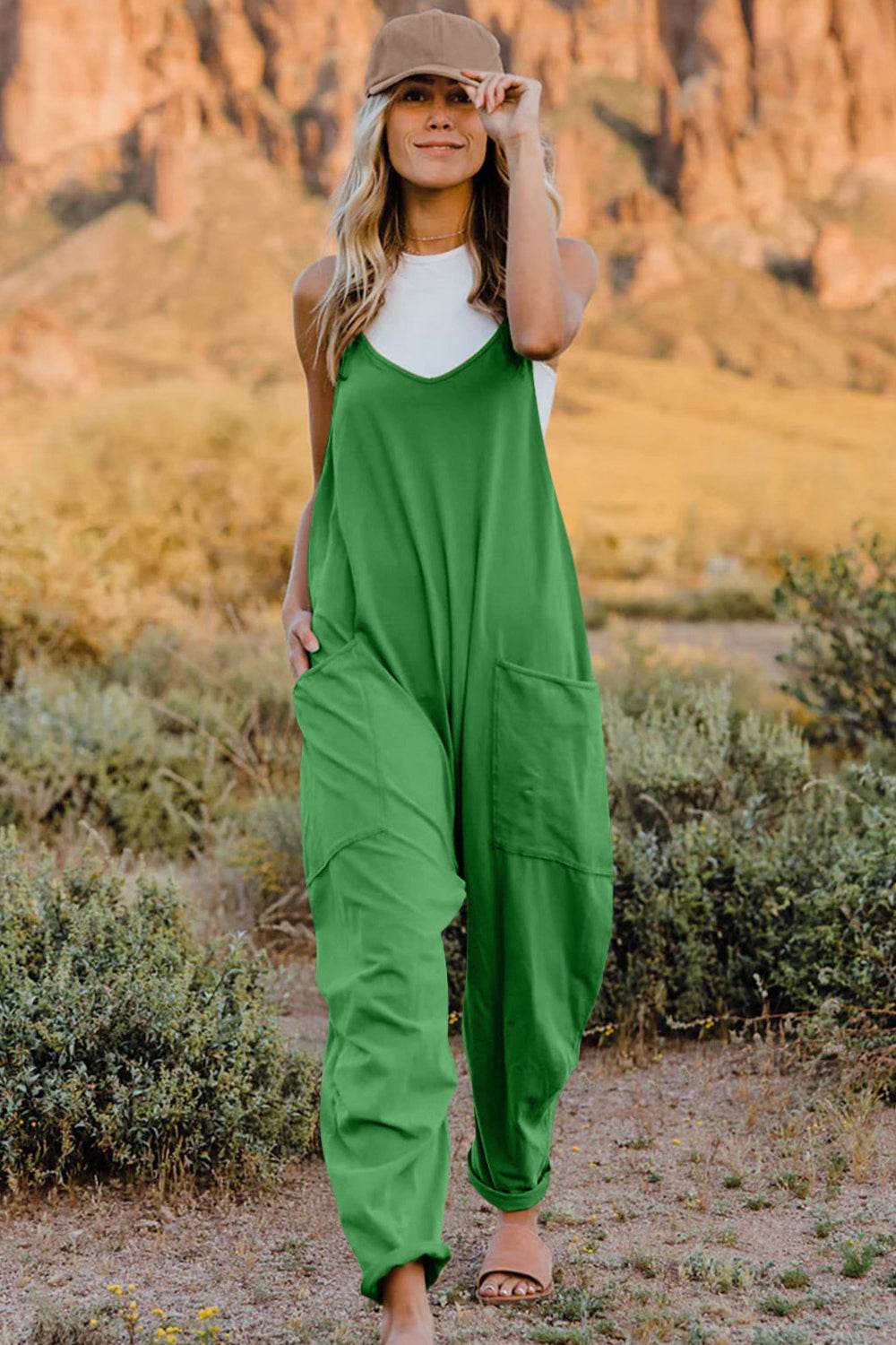 Double Take Full Size V-Neck Sleeveless Jumpsuit with Pockets - Hovatok