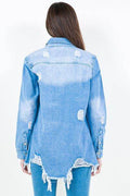 American Bazi Frayed Hem Distressed Denim Shirt Jacket - Hovatok