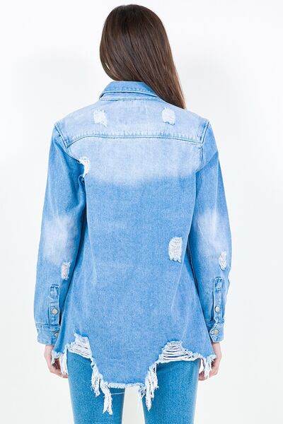 American Bazi Frayed Hem Distressed Denim Shirt Jacket - Hovatok