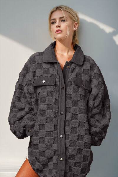 Double Take Button Up Fuzzy Checkered Shacket - Hovatok