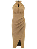 Slit Ruched Mock Neck Sleeveless Dress - Hovatok