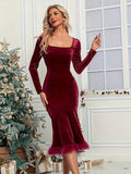 Plush Hem Square Neck Long Sleeve Dress - Hovatok