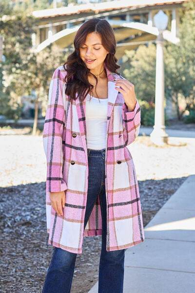 Double Take Full Size Plaid Button Up Lapel Collar Coat - Hovatok