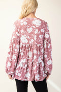 Celeste Full Size Tiered Floral V-Neck Long Sleeve Blouse - Hovatok