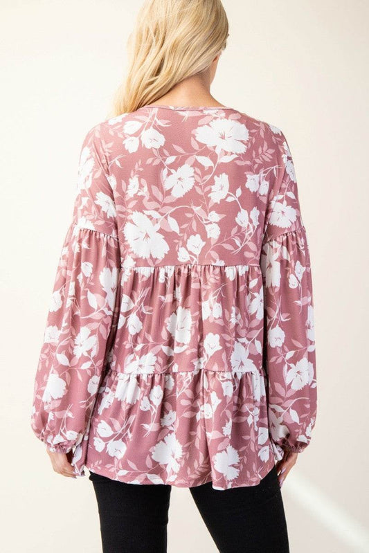 Celeste Full Size Tiered Floral V-Neck Long Sleeve Blouse - Hovatok