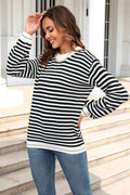 Angel Wings Striped Round Neck Dropped Shoulder Sweater - Hovatok