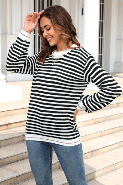 Angel Wings Striped Round Neck Dropped Shoulder Sweater - Hovatok
