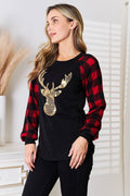 Heimish Full Size Sequin Reindeer Graphic Plaid Top - Hovatok