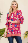 Celeste Full Size Side Slit Flower Print Long Sleeve Top - Hovatok