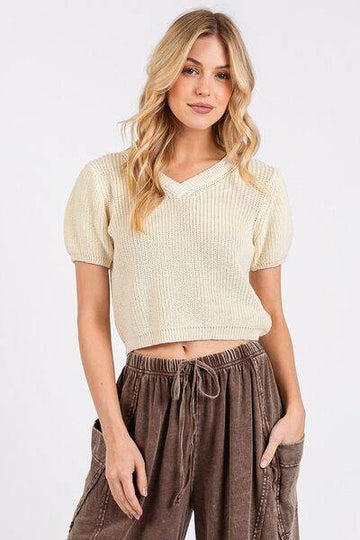 Mittoshop V-Neck Short Sleeve Crop Sweater - Hovatok