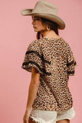 BiBi Leopard Crochet Trim Round Neck Short Sleeve Top - Hovatok