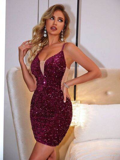 Lace-Up Sequin Plunge Sleeveless Dress - Hovatok