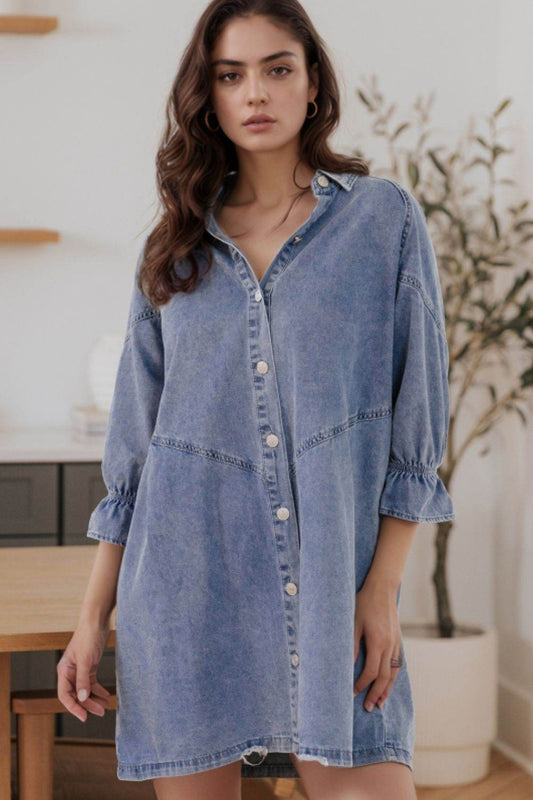Distressed Collared Neck Flounce Sleeve Denim Dress - Hovatok