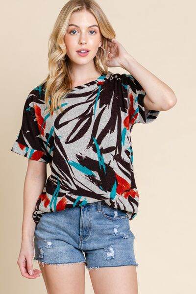 BOMBOM Printed Round Neck Short Sleeve T-Shirt - Hovatok