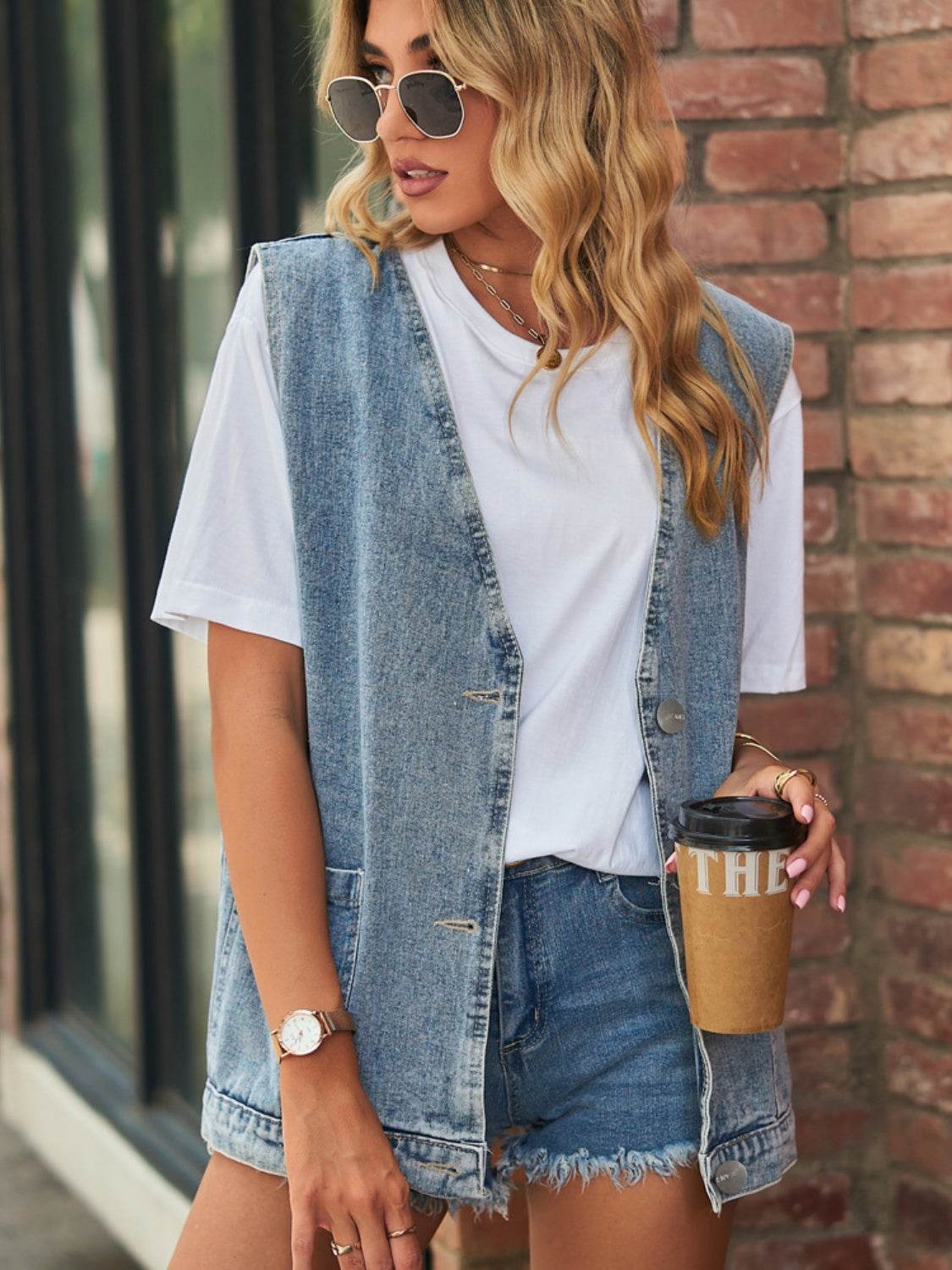 Full Size V-Neck Button Up Denim Vest - Hovatok
