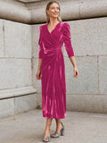 Surplice Puff Sleeve Midi Dress - Hovatok
