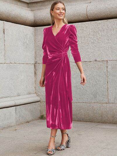 Surplice Puff Sleeve Midi Dress - Hovatok