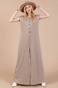 Ces Femme Checkered Half Button Cap Sleeve Jumpsuit - Hovatok
