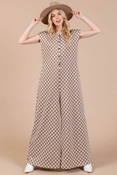 Ces Femme Checkered Half Button Cap Sleeve Jumpsuit - Hovatok