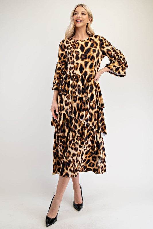 Celeste Full Size Leopard Asymmetrical Ruffle Midi Dress Plus Size - Hovatok