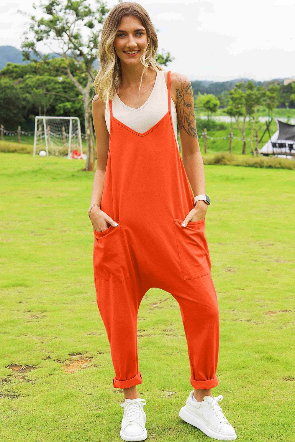 Double Take Full Size Sleeveless V-Neck Pocketed Jumpsuit - Hovatok