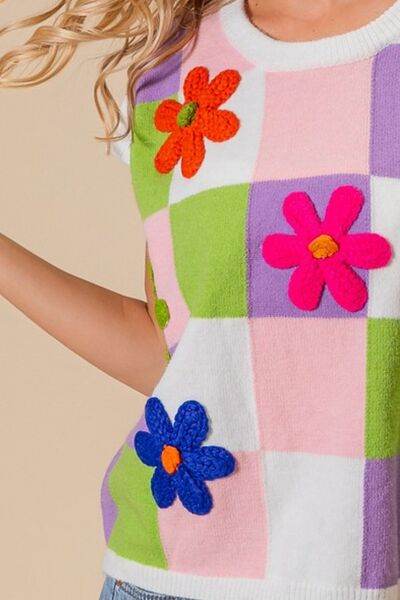 BiBi Flower Patch Checkered Sweater Vest - Hovatok