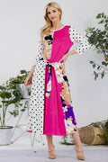Celeste Full Size Multi Pattern Front Tie Midi Dress Plus Size - Hovatok