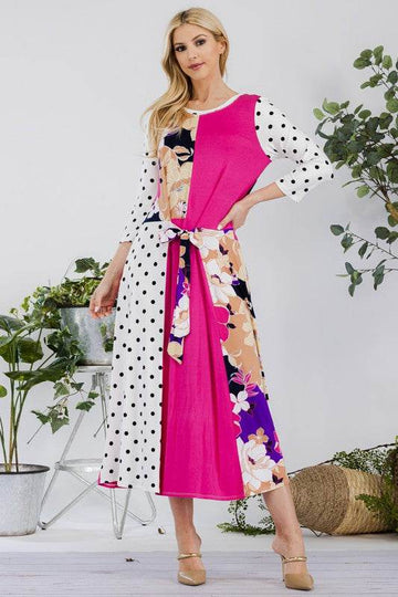 Celeste Full Size Multi Pattern Front Tie Midi Dress Plus Size - Hovatok