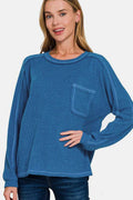 Zenana Full Size Contrast Stitching Brushed Ribbed Hacci Knit Top Plus Size - Hovatok
