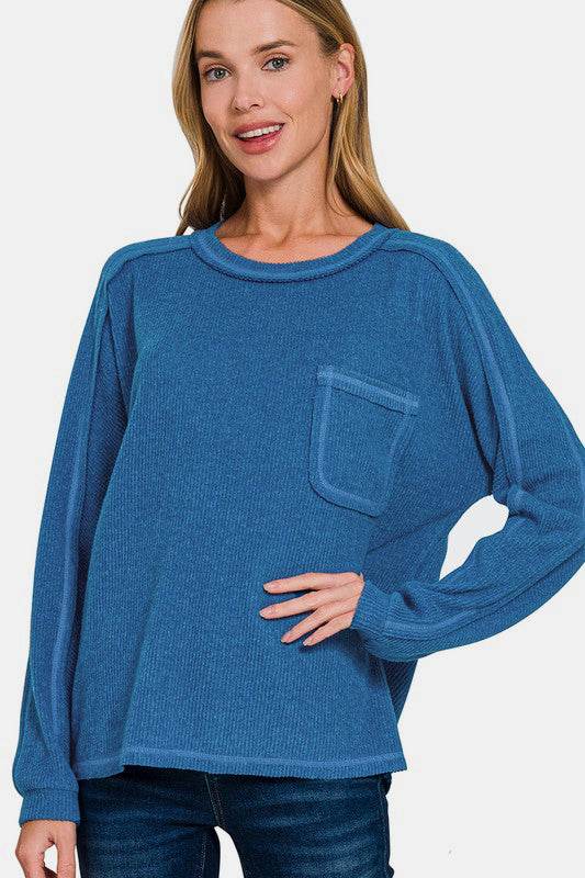 Zenana Full Size Contrast Stitching Brushed Ribbed Hacci Knit Top Plus Size - Hovatok