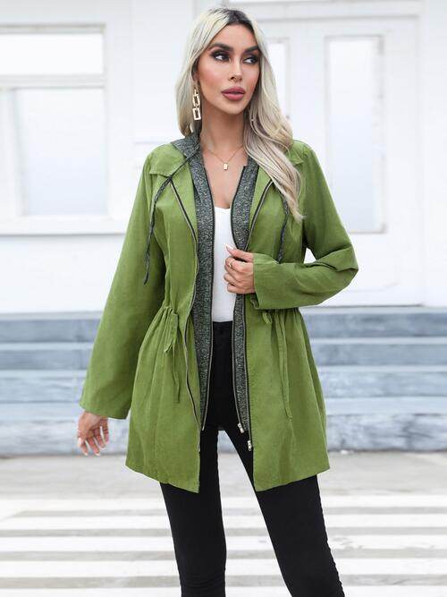 Zip Up Drawstring Hooded Trench Coat - Hovatok