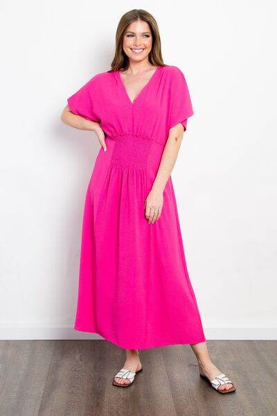 Be Stage Full Size Shirred Front Short Sleeve Maxi Dress - Hovatok