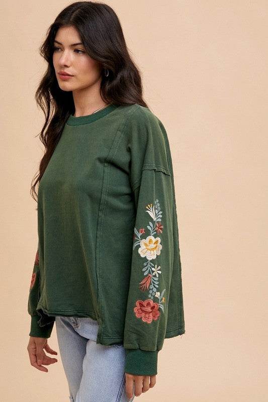 Annie Wear Embroidered Long Sleeve French Terry Top - Hovatok