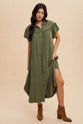 Annie Wear Mineral Washed Button Down Puff Sleeve Shirt Dress - Hovatok
