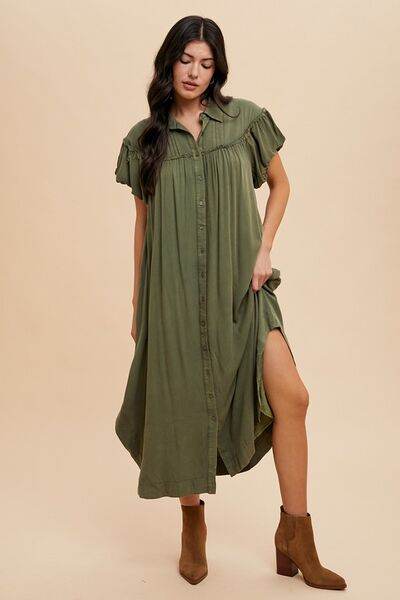 Annie Wear Mineral Washed Button Down Puff Sleeve Shirt Dress - Hovatok