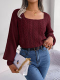 Cable-Knit Square Neck Long Sleeve Sweater - Hovatok