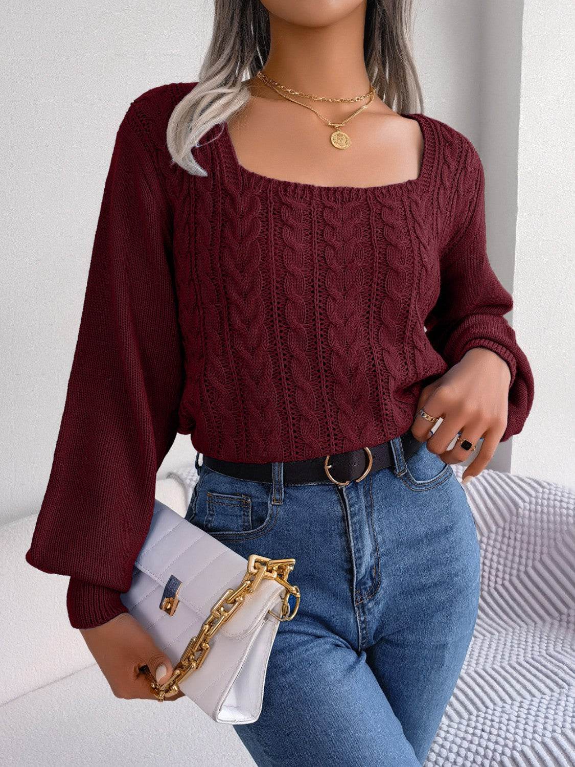 Cable-Knit Square Neck Long Sleeve Sweater - Hovatok