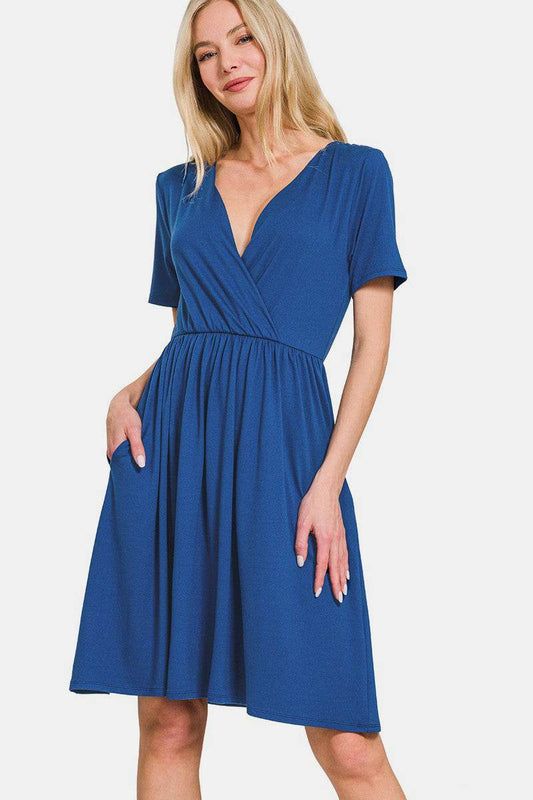 Zenana Surplice Short Sleeve Brushed DTY Dress - Hovatok
