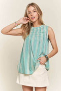 ADORA Contrast Striped Frill Round Neck Sleeveless Top - Hovatok