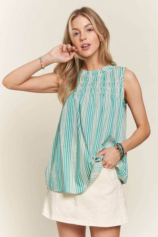 ADORA Contrast Striped Frill Round Neck Sleeveless Top - Hovatok