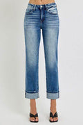 RISEN Full Size High Rise Crop Straight Roll Up Jeans - Hovatok