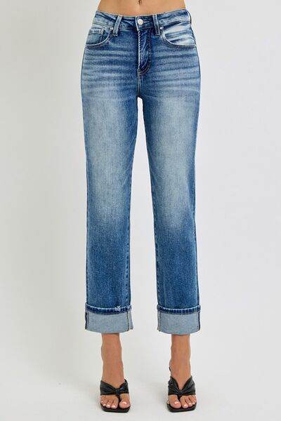 RISEN Full Size High Rise Crop Straight Roll Up Jeans - Hovatok