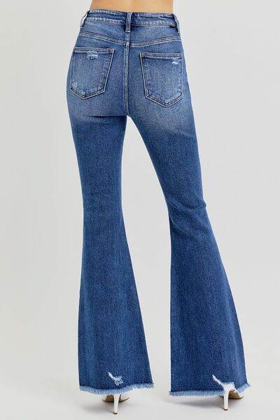 RISEN Full Size High Rise Distressed Raw Hem Flare Jeans - Hovatok