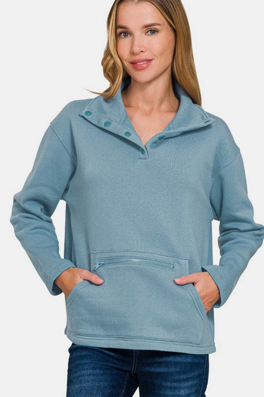 Zenana Turtleneck Half Snap Fleece Sweatshirt - Hovatok