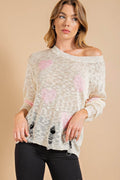 Kori America Heart Pattern Distressed Sweater - Hovatok