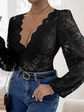 Perfee Lace Plunge Long Sleeve Bodysuit - Hovatok