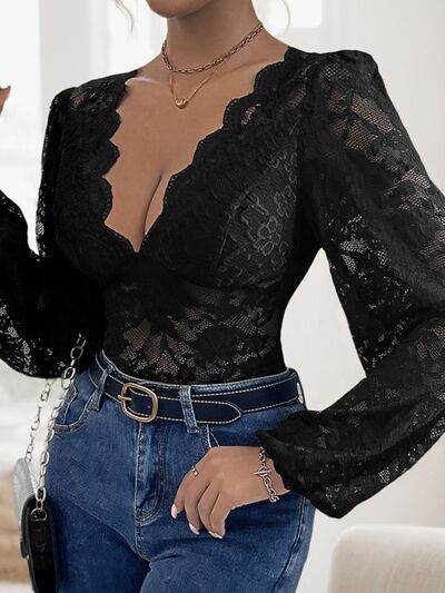 Perfee Lace Plunge Long Sleeve Bodysuit - Hovatok