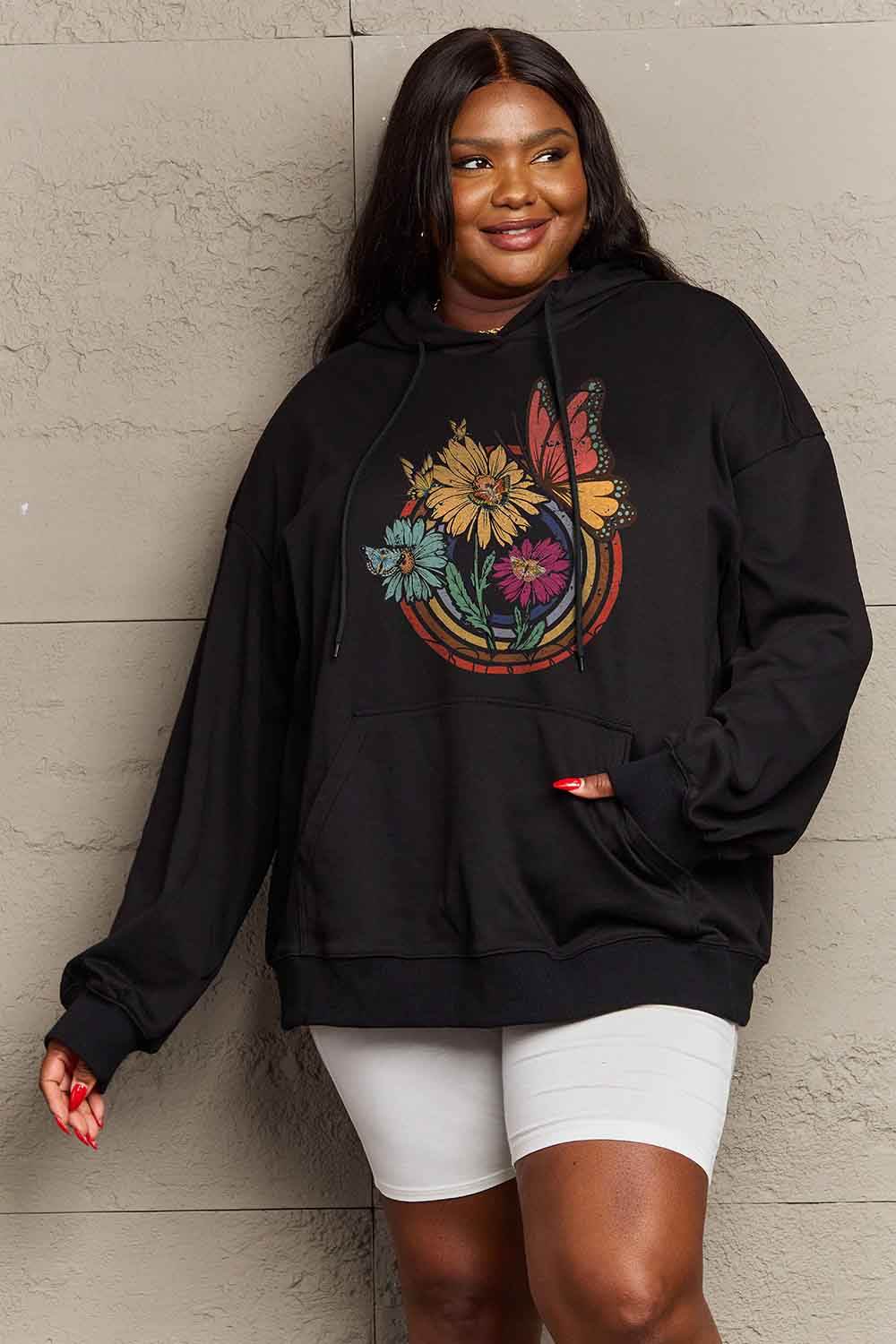 Simply Love Simply Love Full Size Butterfly and Flower Graphic Hoodie - Hovatok