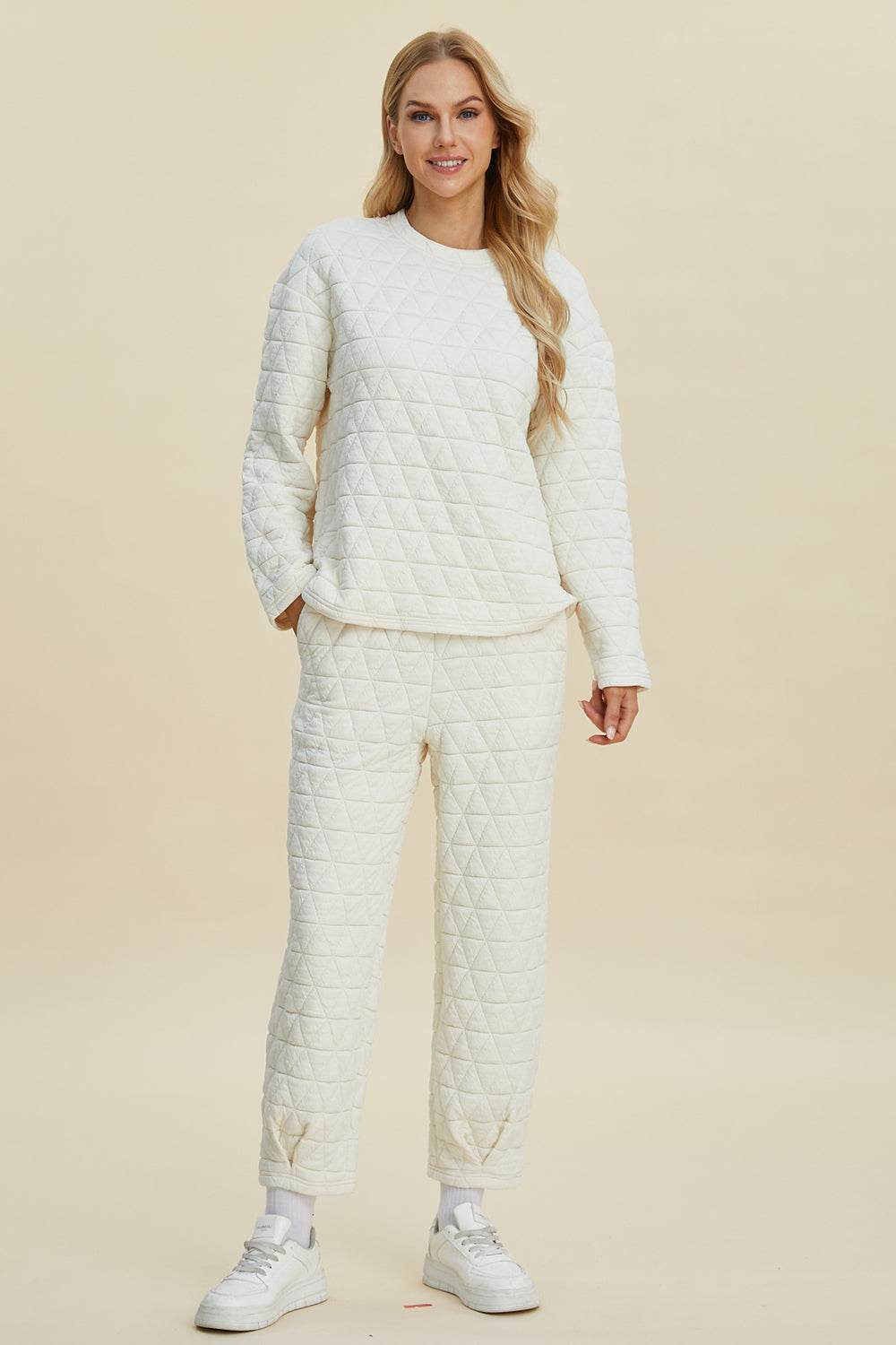 Double Take Full Size Texture Round Neck Long Sleeve Top and Pants Set - Hovatok