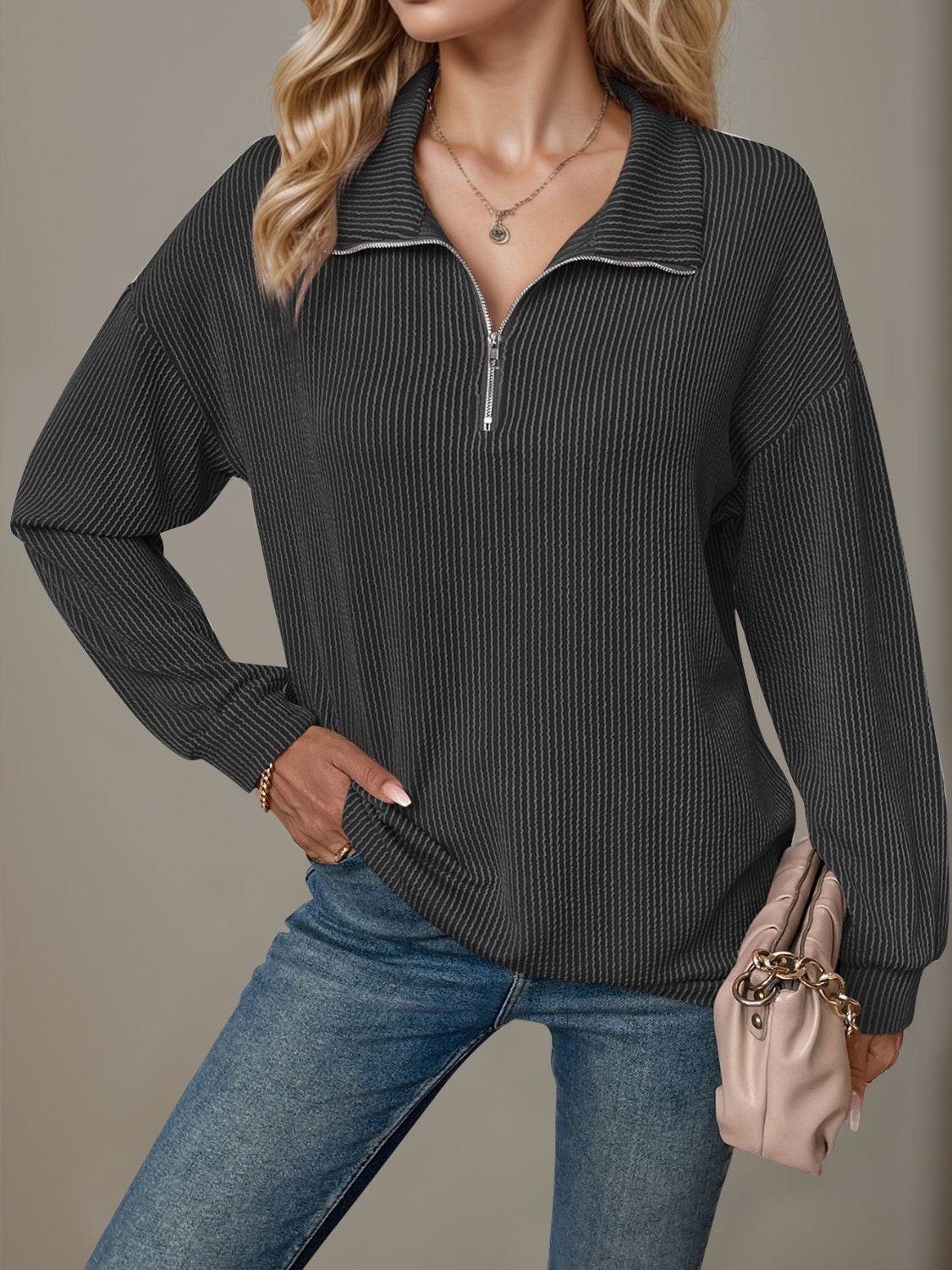 Double Take Striped Half Zip Long Sleeve T-Shirt - Hovatok